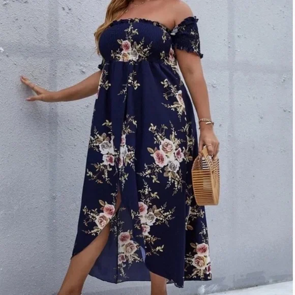 Boho Plus Floral Print Off Shoulder Cottagecore Dress - Picture 6 of 14